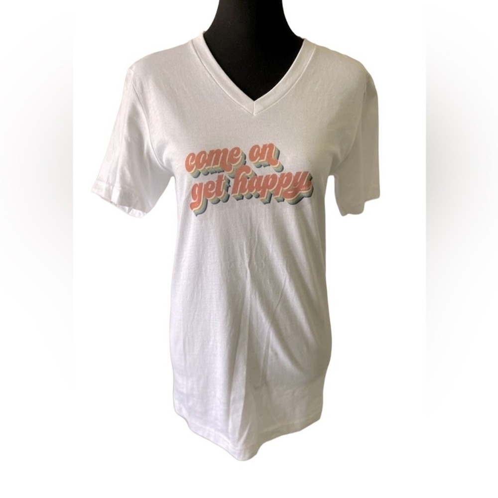 NWT "Come On Get Happy" V-neck Graphic Tee, Size Small